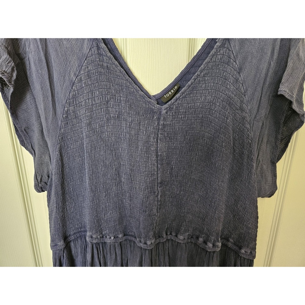 Torrid Blue Smocked Top Short Sleeve Side Pockets Gauze Midi Dress, Plus Sz. 4X - Picture 4 of 12